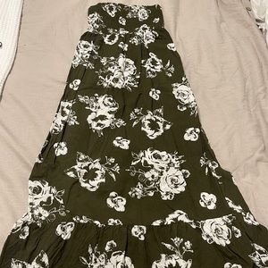 Strapless Olive Green and White Floral Maxi Dress. Size M